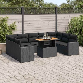 Set de sofás de jardín y cojines 10 pzas ratán sintético negro