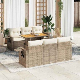 Set sofás de jardín 7 piezas y cojines ratán sintético beige