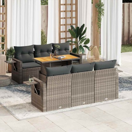 Set de sofás de jardín 7 pzas con cojines ratán sintético gris