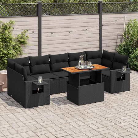 Set de sofás de jardín y cojines 8 piezas ratán sintético negro