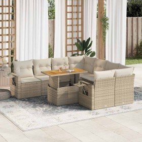 Set de sofás de jardín con cojines 9 pzas ratán sintético beige