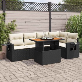 Set de sofás de jardín 6 piezas y cojines ratán sintético negro