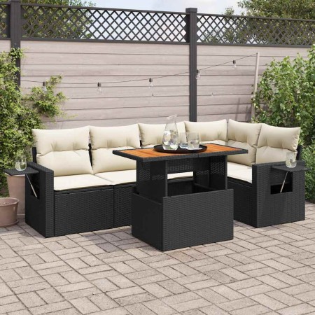 Set de sofás de jardín 6 piezas y cojines ratán sintético negro