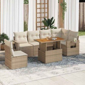 Set sofás de jardín 7 piezas y cojines ratán sintético beige