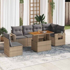 Set sofás de jardín 7 piezas y cojines ratán sintético beige
