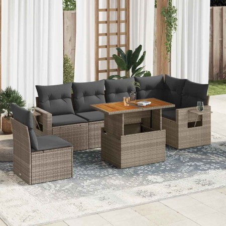 Set de sofás de jardín 7 pzas con cojines ratán sintético gris
