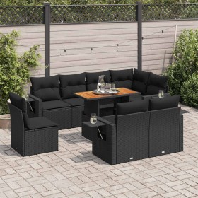 Set de sofás de jardín con cojines 9 pzas ratán sintético negro