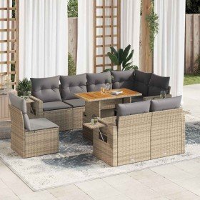 Set de sofás de jardín con cojines 9 pzas ratán sintético beige
