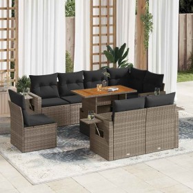Set de sofás de jardín con cojines 9 pzas ratán sintético gris