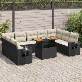 Set de sofás de jardín y cojines 10 pzas ratán sintético negro