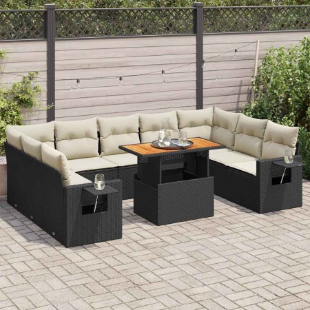 Set de sofás de jardín y cojines 10 pzas ratán sintético negro