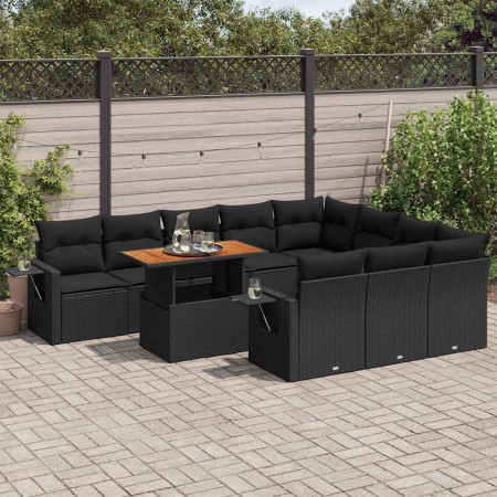 Set de sofás de jardín 11 pzas y cojines ratán sintético negro