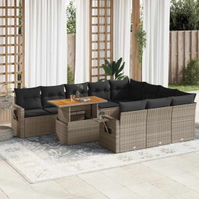Set de sofás de jardín 11 pzas y cojines ratán sintético gris