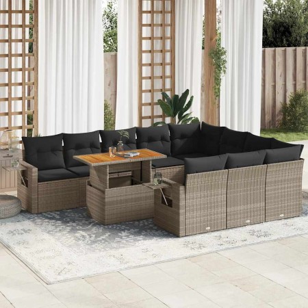 Set de sofás de jardín 11 pzas y cojines ratán sintético gris