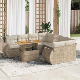 Set de sofás de jardín con cojines 9 pzas ratán sintético beige