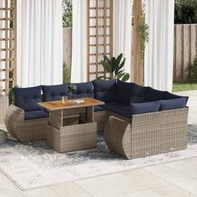 Set de sofás de jardín con cojines 9 pzas ratán sintético gris