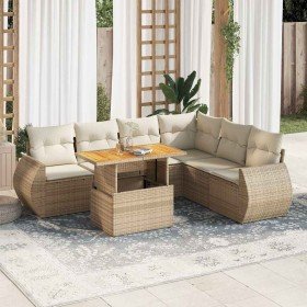 Set sofás de jardín 7 piezas y cojines ratán sintético beige