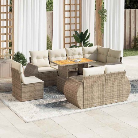 Set de sofás de jardín con cojines 9 pzas ratán sintético beige