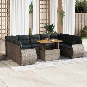 Set de sofás de jardín y cojines 10 pzas ratán sintético gris