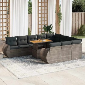 Set de sofás de jardín 11 pzas y cojines ratán sintético gris