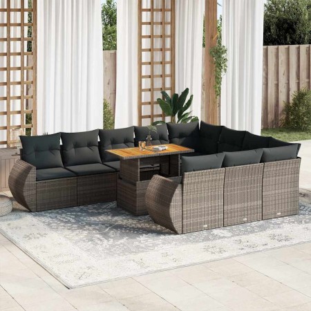 Set de sofás de jardín 11 pzas y cojines ratán sintético gris