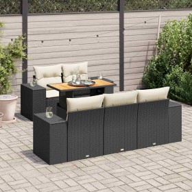 Set de sofás de jardín 6 piezas y cojines ratán sintético negro
