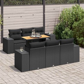 Set de sofás de jardín 7 pzas con cojines ratán sintético negro