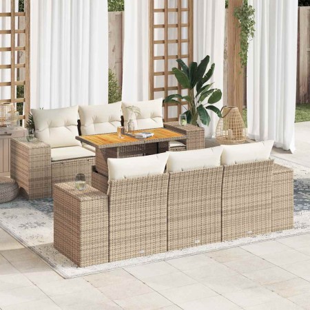 Set sofás de jardín 7 piezas y cojines ratán sintético beige