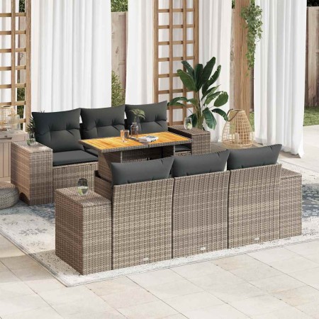 Set de sofás de jardín 7 pzas con cojines ratán sintético gris