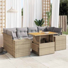 Set sofás de jardín 7 piezas y cojines ratán sintético beige