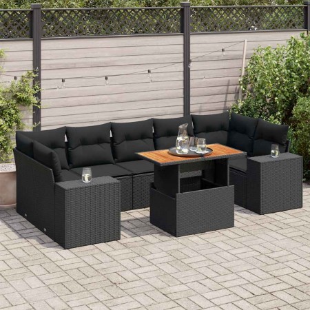 Set de sofás de jardín y cojines 8 piezas ratán sintético negro
