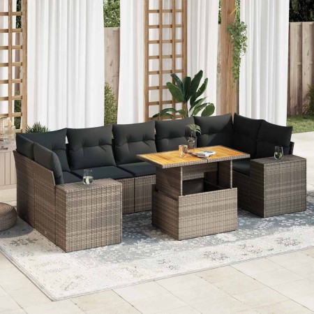 Set de sofás de jardín y cojines 8 piezas ratán sintético gris