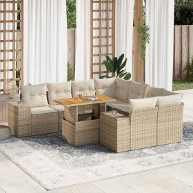 Set de sofás de jardín con cojines 9 pzas ratán sintético beige