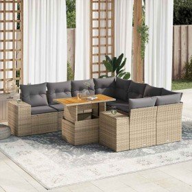 Set de sofás de jardín con cojines 9 pzas ratán sintético beige