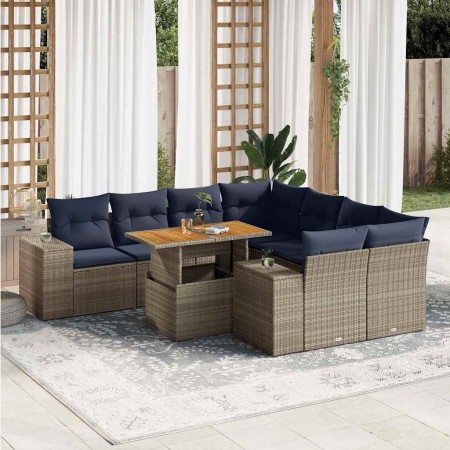 Set de sofás de jardín con cojines 9 pzas ratán sintético gris