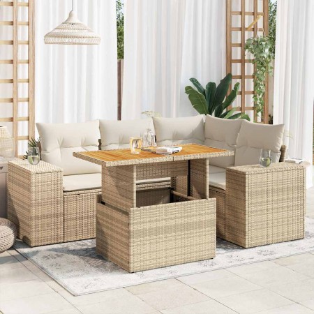 Juego de sofás jardín con cojines 5 pzas ratán sintético beige