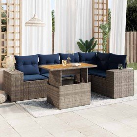 Set de muebles de jardín 6 pzas y cojines ratán sintético gris