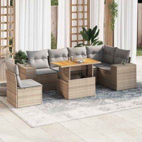 Set sofás de jardín 7 piezas y cojines ratán sintético beige