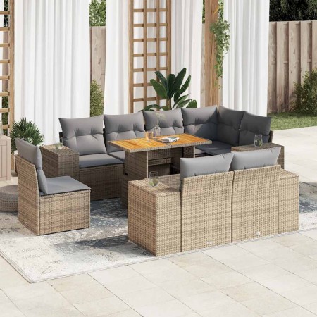 Set de sofás de jardín con cojines 9 pzas ratán sintético beige