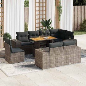 Set de sofás de jardín con cojines 9 pzas ratán sintético gris