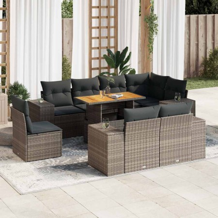 Set de sofás de jardín con cojines 9 pzas ratán sintético gris