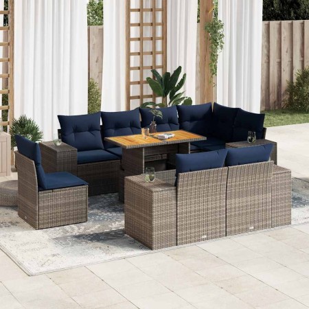 Set de sofás de jardín con cojines 9 pzas ratán sintético gris