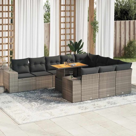 Set sofás jardín y cojines 10 pzas ratán sintético acacia gris