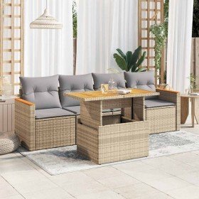 Set sofás jardín y cojines 5 pzas ratán sintético acacia beige Set sofás jardín y cojines 5 pzas ratán sintético acacia beige
