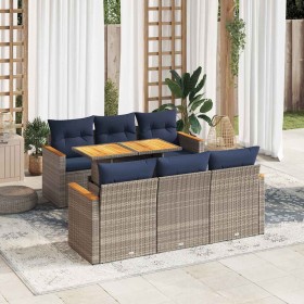 Set de sofás de jardín 7 pzas con cojines ratán sintético gris