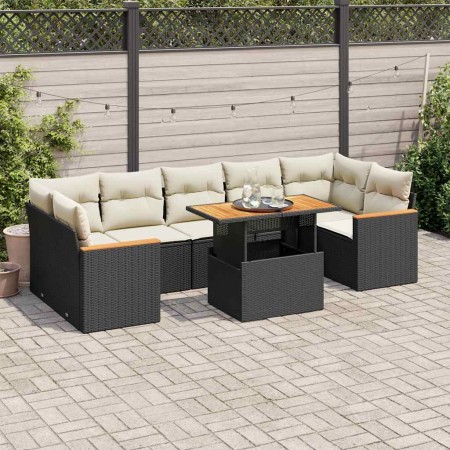 Set sofás jardín y cojines 8 pzas ratán sintético acacia negro