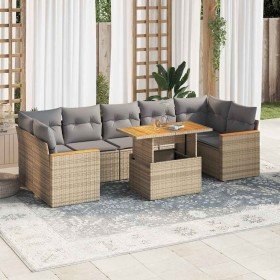 Set sofás jardín y cojines 8 pzas ratán sintético acacia beige
