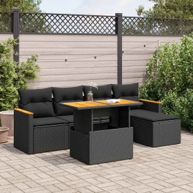 Set sofás jardín y cojines 6 pzas ratán sintético acacia negro