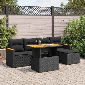 Set sofás jardín y cojines 6 pzas ratán sintético acacia negro