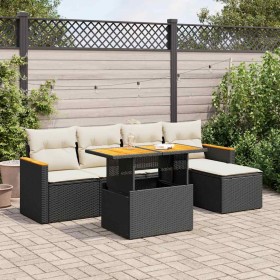 Set sofás jardín y cojines 6 pzas ratán sintético acacia negro